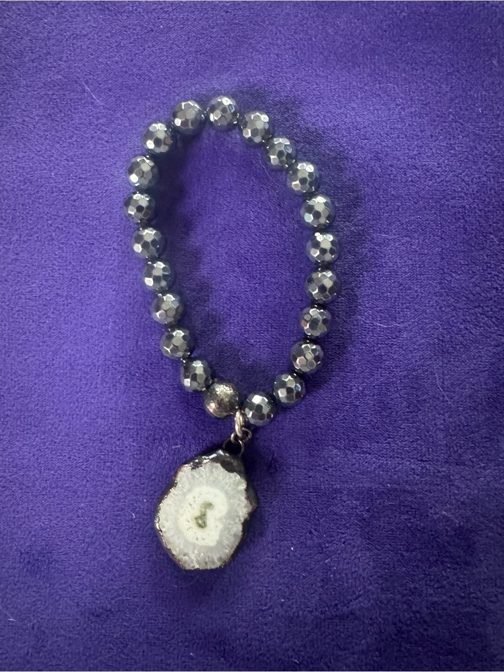 Faceted Hematite Bead Bracelet with White Druzy Pendant